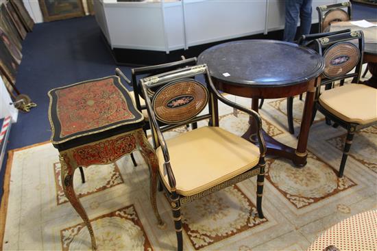 A set of eight Regency style parcel gilt ebonised dining chairs, including two carvers, carvers W.1ft 9in. H.2ft 9in.